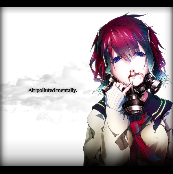 Anime picture 2350x2359 with original tagme (artist) single tall image looking at viewer highres short hair open mouth purple eyes blue hair pink hair multicolored hair torn clothes letterboxed nosebleed girl uniform serafuku blood mask