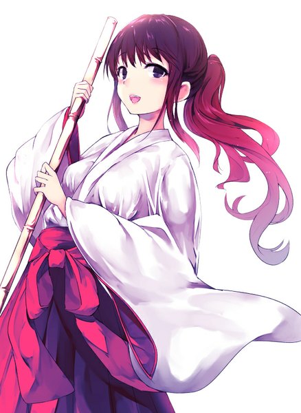 Anime picture 585x800 with original iori (cpeilad) single long hair tall image looking at viewer blush fringe open mouth simple background white background purple eyes pink hair purple hair ponytail long sleeves traditional clothes japanese clothes multicolored hair wide sleeves