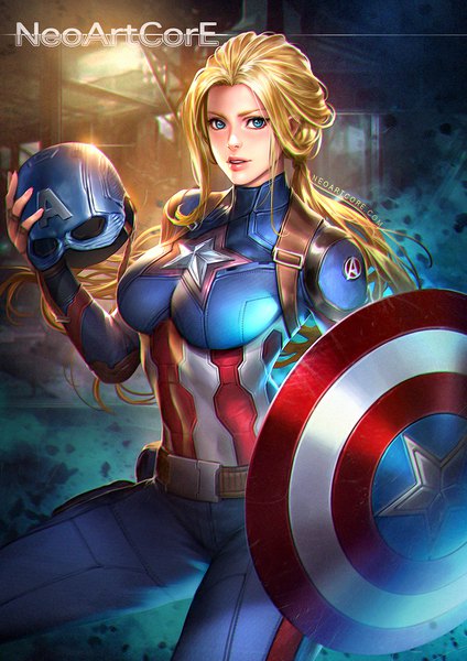 Anime picture 800x1132 with marvel comics captain america nudtawut thongmai single long hair tall image looking at viewer blue eyes blonde hair holding signed nail polish parted lips fingernails lips realistic watermark genderswap superhero girl