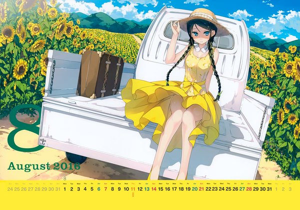 Anime picture 7023x4937 with original miyaguchi hiromi kantoku single long hair looking at viewer blush highres blue eyes black hair wide image sitting twintails absurdres sky cloud (clouds) braid (braids) scan official art calendar 2016