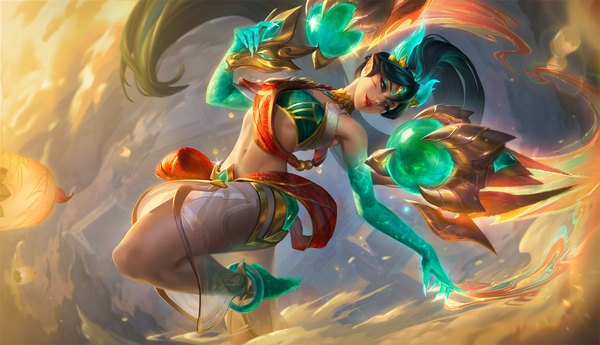 Anime picture 3350x1924 with league of legends kai'sa heavenscale kai'sa ina wong single highres light erotic black hair wide image green eyes looking away ponytail very long hair horn (horns) pointy ears official art leaning lipstick facial mark eyeshadow