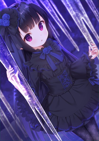 Anime picture 726x1032 with original chitosezaka suzu single long hair tall image looking at viewer fringe open mouth standing purple eyes payot blunt bangs wide sleeves :o depth of field frilled dress lolita fashion shiny goth-loli girl
