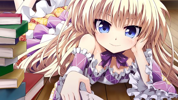 Anime picture 1280x720 with sangoku hime unicorn-a long hair blue eyes blonde hair wide image game cg loli girl dress detached sleeves book (books)