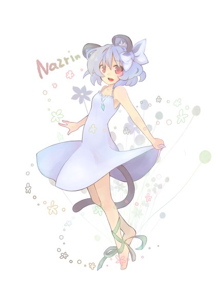 Anime picture 2508x3541 with touhou nazrin fuiyu (feuille0818) single tall image looking at viewer highres short hair open mouth simple background red eyes white background animal ears blue hair tail barefoot inscription spread arms ankle ribbon girl