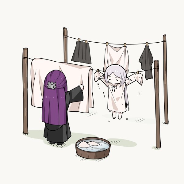 Anime picture 2500x2500 with sousou no frieren frieren fern (sousou no frieren) yzj21333 long hair highres simple background white background multiple girls silver hair purple hair eyes closed pointy ears wet wet clothes half updo sleeping chibi humor girl