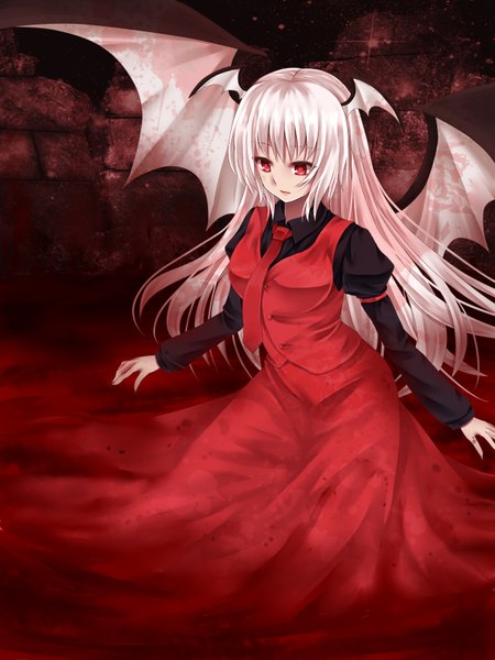 Anime picture 2400x3200 with touhou koakuma aru gunsou single long hair tall image highres red eyes white hair head wings girl dress skirt wings skirt set