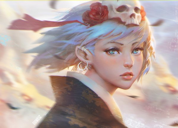 Anime picture 1390x1000 with original guweiz single looking at viewer blush short hair blue eyes signed blue hair upper body parted lips wind lips sunlight blurry realistic teeth :o lipstick piercing