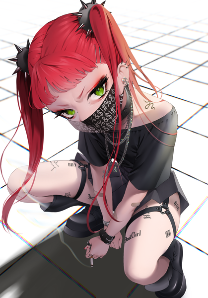 Anime picture 1668x2388 with original bitaro single long hair tall image looking at viewer fringe twintails holding green eyes full body red hair blunt bangs nail polish head tilt off shoulder shadow tattoo piercing ear piercing