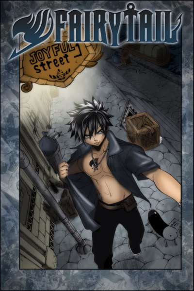 Anime picture 1069x1600 with fairy tail gray fullbuster gray fullbuster (artist) single tall image short hair black hair black eyes inscription open clothes tattoo open shirt coloring muscle framed street boy pants cross fanny pack