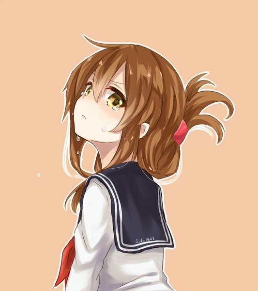 Anime picture 1000x1125 with kantai collection inazuma destroyer azuuru single long hair tall image looking at viewer blush simple background brown hair brown eyes signed ponytail tears turning head crying brown background folded ponytail girl sailor suit