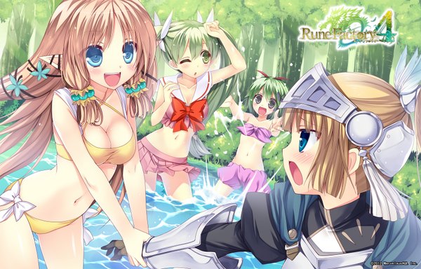 Anime picture 1600x1024 with rune factory rune factory 4 frey (rune factory) margaret (rune factory) kohaku (rune factory) forte (rune factory) kizuki erika long hair blush short hair open mouth blue eyes blonde hair brown hair twintails multiple girls green eyes green hair pointy ears girl