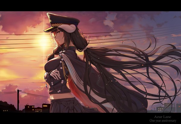 Anime picture 1745x1200 with azur lane mikasa (azur lane) 5555 96 single long hair blush fringe highres black hair standing yellow eyes looking away sky cloud (clouds) outdoors profile horn (horns) wind city evening