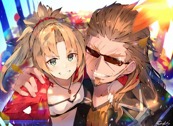 Anime picture 1693x1238 with fate (series) fate/apocrypha mordred (fate) shishigou kairi enj! long hair looking at viewer blonde hair smile brown hair signed upper body ponytail aqua eyes from above eyebrows hand on another's shoulder girl boy pendant