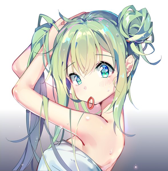 Anime picture 1960x2000 with vocaloid hatsune miku liuqing (635320902) single long hair tall image looking at viewer blush fringe highres breasts blue eyes light erotic simple background hair between eyes bare shoulders holding upper body aqua hair wet