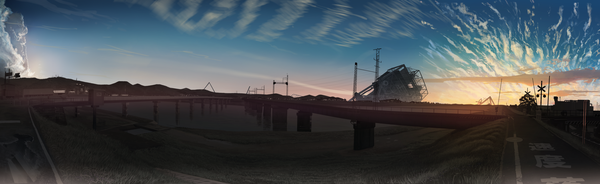 Anime picture 3120x960 with original banishment highres wide image sky cloud (clouds) no people landscape morning sunrise plant (plants) building (buildings) grass bridge road railways