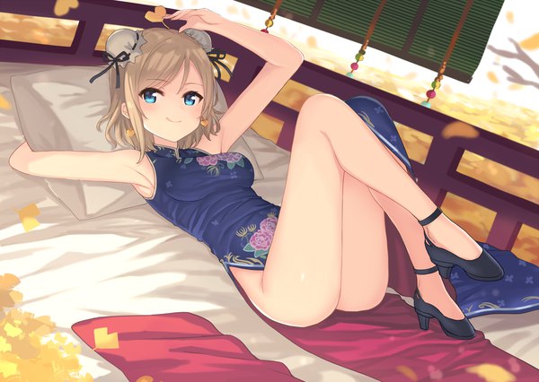 Anime picture 1772x1260 with love live! sunshine!! sunrise (studio) love live! watanabe you hajime kaname single looking at viewer blush fringe highres short hair breasts blue eyes light erotic smile brown hair holding payot full body bent knee (knees)