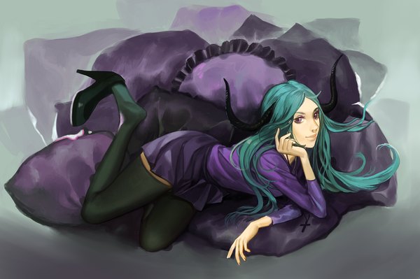 Anime picture 1347x897 with original viki-vaki single long hair looking at viewer pink eyes horn (horns) aqua hair arm support high heels reclining girl thighhighs skirt black thighhighs shoes pillow pendant cross