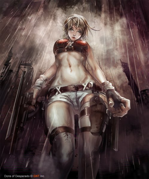 Anime picture 996x1200 with dons of desperado (game) claparo-sans single tall image looking at viewer short hair breasts light erotic blonde hair green eyes cleavage inscription bare belly from below rain girl thighhighs gloves navel weapon
