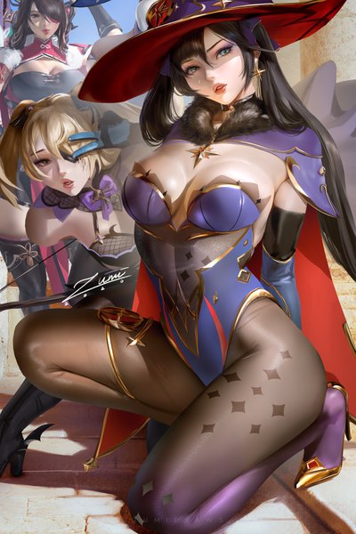 Anime picture 2339x3508 with genshin impact mona megistus fischl (genshin impact) beidou (genshin impact) zumi (zumidraws) long hair tall image looking at viewer fringe highres breasts open mouth light erotic black hair blonde hair hair between eyes red eyes brown hair large breasts standing