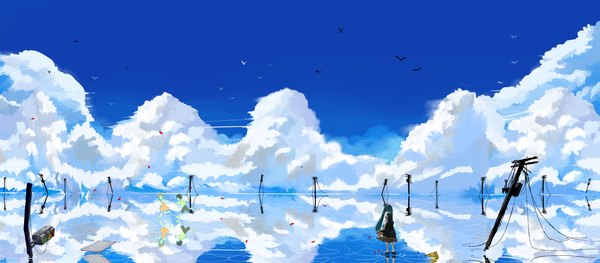 Anime picture 2965x1300 with vocaloid hatsune miku nasuno long hair highres wide image twintails multiple girls sky cloud (clouds) reflection girl dress boy 2 girls animal water bird (birds) child (children) power lines