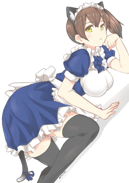 Anime picture 2149x3035 with kantai collection kaga aircraft carrier ryuki (ryukisukune) single tall image blush highres short hair breasts simple background large breasts white background animal ears yellow eyes ponytail cat ears maid alternate costume zettai ryouiki side ponytail