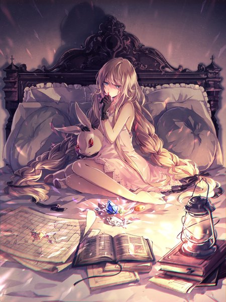 Anime picture 1536x2048 with original kei (k tmr) single long hair tall image fringe blue eyes blonde hair sitting holding braid (braids) very long hair barefoot shadow grey eyes no shoes twin braids crossed legs lens flare glowing