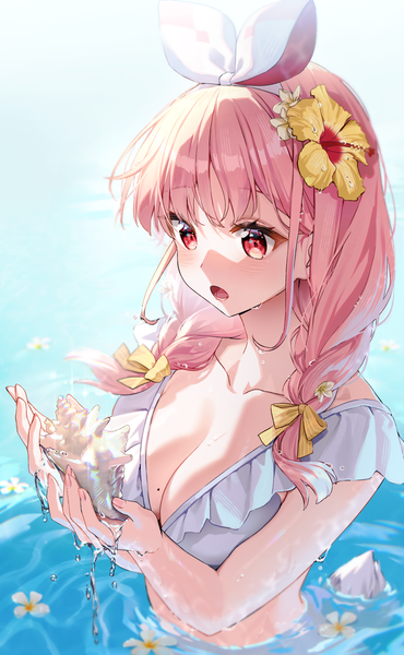 Anime picture 1500x2432 with virtual youtuber atelier live pinku (vtuber) rosuuri single long hair tall image blush fringe breasts open mouth light erotic red eyes large breasts pink hair cleavage blunt bangs braid (braids) hair flower from above