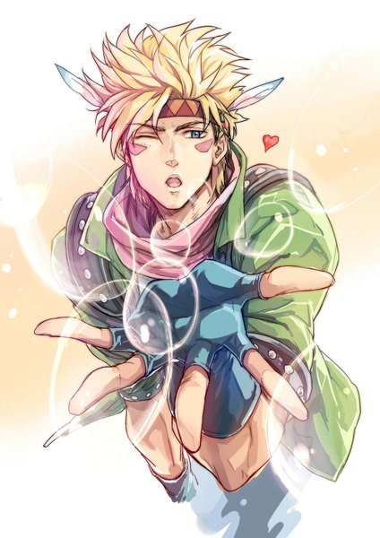 Anime picture 1000x1414 with jojo no kimyou na bouken caesar anthonio zeppeli linjie single tall image looking at viewer short hair open mouth blue eyes blonde hair one eye closed wink facial mark boy heart hairband fingerless gloves feather (feathers)