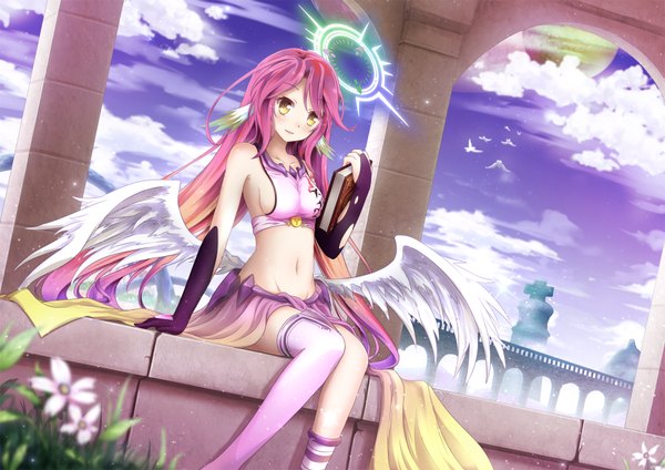 Anime picture 1698x1200 with no game no life madhouse jibril (no game no life) asakurashinji single looking at viewer blush light erotic twintails yellow eyes sky purple hair cloud (clouds) very long hair midriff low wings girl thighhighs gloves navel