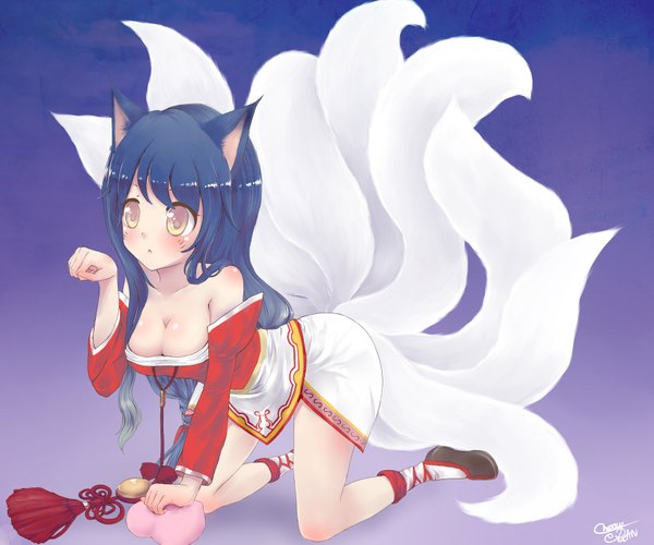 Anime picture 1800x1500 with league of legends ahri (league of legends) cherry-pecan (artist) single long hair blush highres light erotic bare shoulders animal ears blue hair facial mark multiple tails whisker markings girl detached sleeves shoes bell