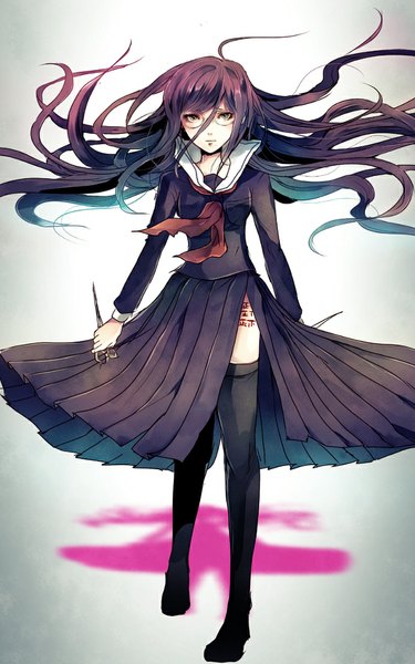 Anime picture 690x1102 with dangan ronpa fukawa touko z-epto (chat-noir86) single long hair tall image looking at viewer fringe standing holding brown eyes purple hair pleated skirt wind grey background mole shadow tattoo gradient background hieroglyph