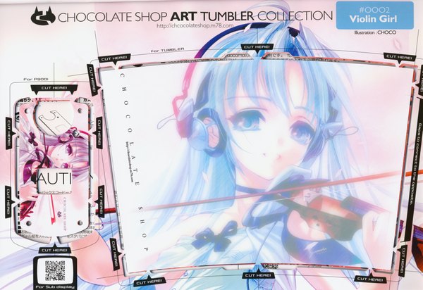 Anime picture 4367x3000 with art tumbler collection choco highres blue eyes blue hair headphones violin bow (instrument)