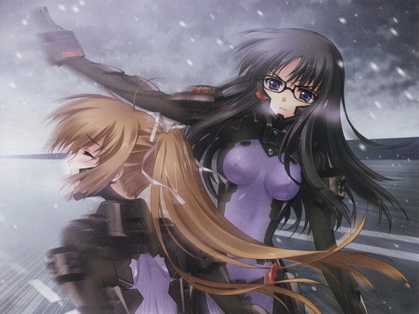 Anime picture 815x612 with muv-luv alternative schwarzesmarken muv-luv katia waldheim gretel jeckeln carnelian long hair blush breasts light erotic black hair brown hair standing purple eyes multiple girls sky cloud (clouds) ponytail eyes closed blurry