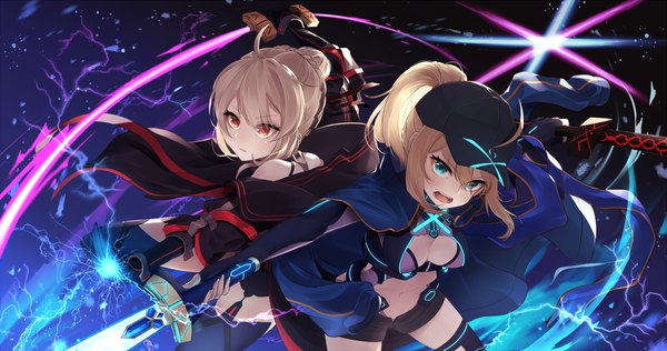 Anime picture 1200x632 with fate (series) fate/grand order artoria pendragon (all) mysterious heroine x (alter) (fate) mysterious heroine x (fate) kito koruta long hair looking at viewer blush fringe breasts open mouth blue eyes blonde hair hair between eyes red eyes wide image multiple girls holding payot