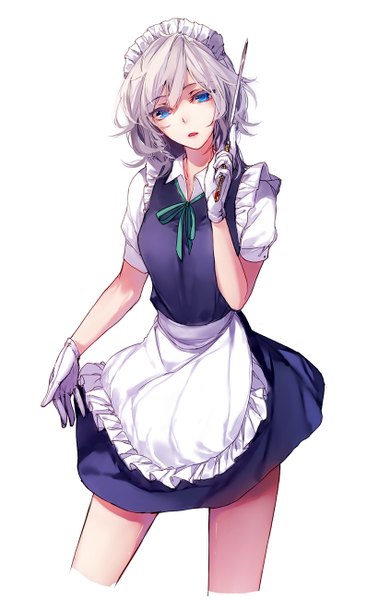 Anime picture 822x1300 with touhou izayoi sakuya hug (yourhug) single tall image looking at viewer fringe short hair open mouth blue eyes simple background standing white background holding silver hair maid girl gloves ribbon (ribbons) weapon