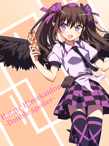 Anime picture 1125x1500 with touhou himekaidou hatate kaiza (rider000) long hair tall image open mouth black hair purple eyes twintails checkered checkered skirt girl thighhighs skirt black thighhighs wings phone