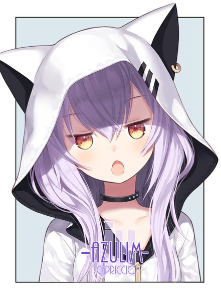 Anime picture 736x1000 with virtual youtuber azuma lim channel azuma lim capriccio single long hair tall image looking at viewer blush fringe open mouth simple background hair between eyes signed yellow eyes silver hair upper body head tilt :o character names