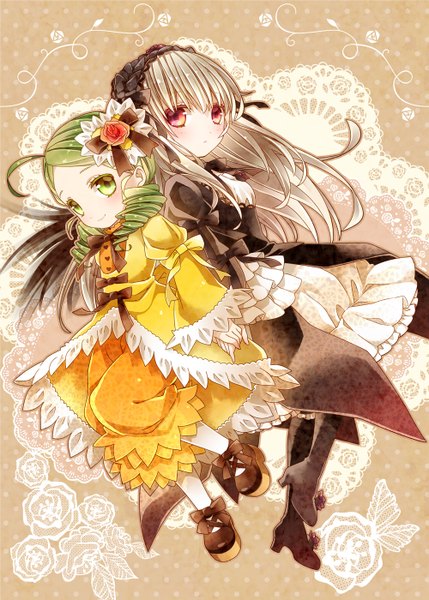 Anime picture 1000x1399 with rozen maiden suigintou kanaria moru long hair tall image looking at viewer blush smile red eyes multiple girls green eyes silver hair ahoge hair flower green hair holding hands drill hair lolita fashion back to back