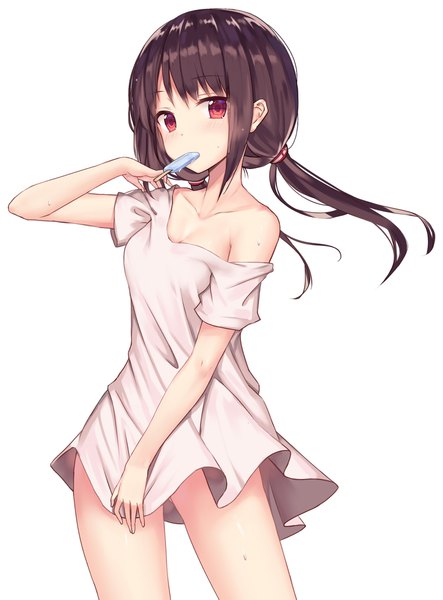 Anime picture 1500x2029 with original tsubaki (yi) single long hair tall image looking at viewer blush fringe breasts light erotic simple background red eyes brown hair standing white background twintails bare shoulders arm up wind off shoulder