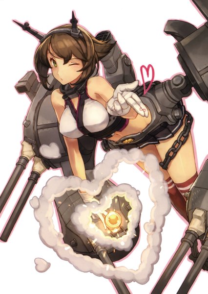 Anime picture 4285x6041 with kantai collection mutsu battleship shizuma yoshinori single tall image fringe highres short hair breasts light erotic simple background brown hair large breasts white background absurdres pleated skirt one eye closed wink scan official art