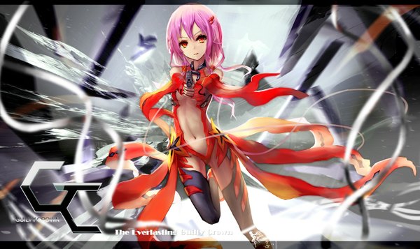 Anime picture 1432x853 with guilty crown production i.g yuzuriha inori wangchuan de quanyan single long hair looking at viewer light erotic red eyes wide image pink hair center opening girl navel hair ornament weapon hairclip gun pistol