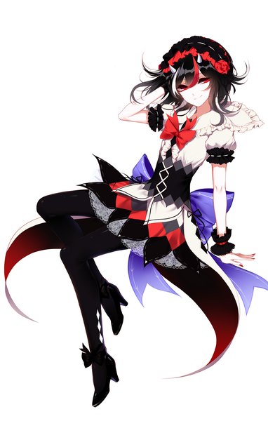 Anime picture 2100x3300 with touhou kijin seija sheya single tall image looking at viewer fringe highres black hair smile hair between eyes red eyes white background sitting full body nail polish multicolored hair horn (horns) short sleeves high heels