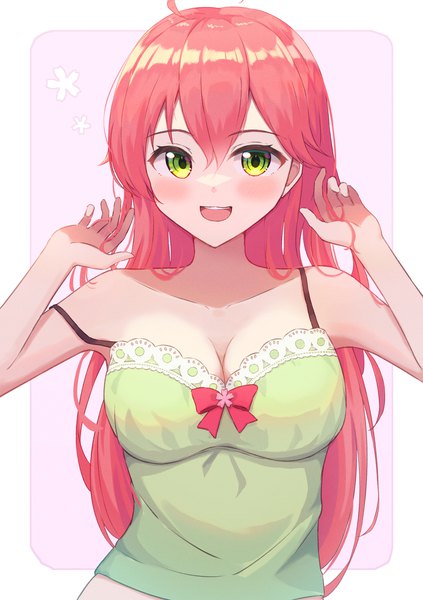 Anime picture 1239x1756 with virtual youtuber hololive sakura miko typho single long hair tall image looking at viewer fringe breasts open mouth smile hair between eyes large breasts bare shoulders green eyes pink hair cleavage upper body ahoge