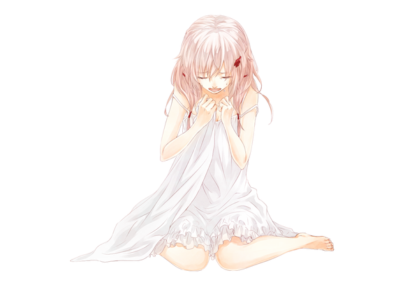Anime picture 1006x680 with guilty crown production i.g yuzuriha inori yoma (pixiv) single long hair fringe open mouth simple background white background sitting bare shoulders pink hair eyes closed barefoot tears wariza crying girl dress