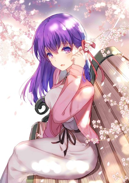 Anime picture 800x1131 with fate (series) fate/stay night matou sakura bison cangshu single long hair tall image blush fringe open mouth hair between eyes sitting purple eyes looking away purple hair bent knee (knees) outdoors sunlight cherry blossoms adjusting hair