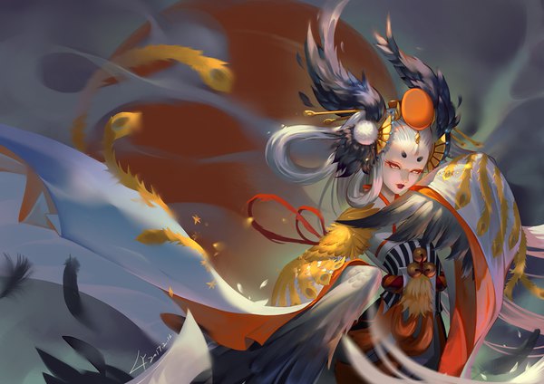 Anime picture 1697x1200 with onmyoji gu huo niao lian yao single looking away white hair very long hair wind depth of field lipstick dated eyebrows red lipstick makeup hair rings white eyes girl hair ornament wings bell