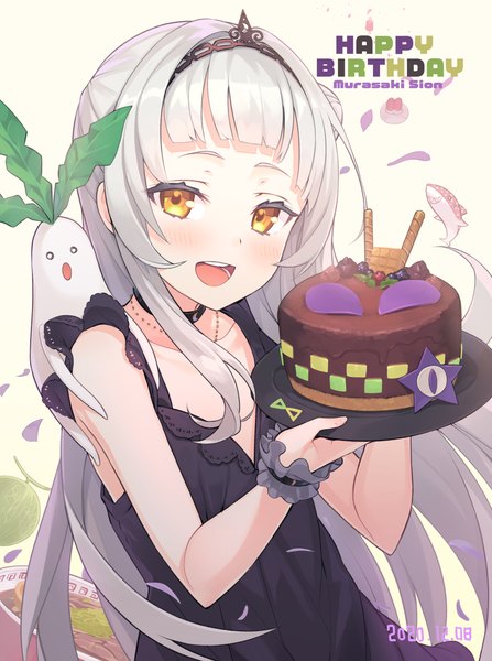 Anime picture 2117x2839 with virtual youtuber hololive murasaki shion tam-u single long hair tall image looking at viewer blush highres open mouth holding yellow eyes silver hair upper body :d character names dated happy birthday girl