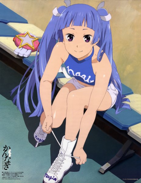 Anime picture 4046x5242 with kannagi megami magazine nagi (kannagi) komatsu mami single long hair tall image looking at viewer highres smile purple eyes blue hair absurdres official art bare legs girl skates