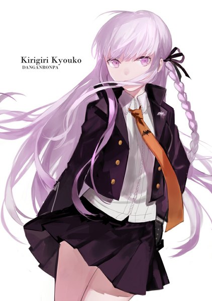 Anime picture 704x1000 with dangan ronpa kirigiri kyouko cotta single long hair tall image looking at viewer blush simple background white background purple eyes purple hair open clothes open jacket character names hand on hip girl skirt gloves uniform
