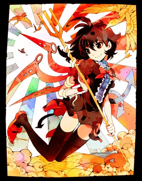 Anime picture 1200x1527 with touhou houjuu nue ichizen (o tori) tall image short hair smile red eyes brown hair girl thighhighs dress bow black thighhighs animal wings bird (birds) sun arrow (arrows) snake trident